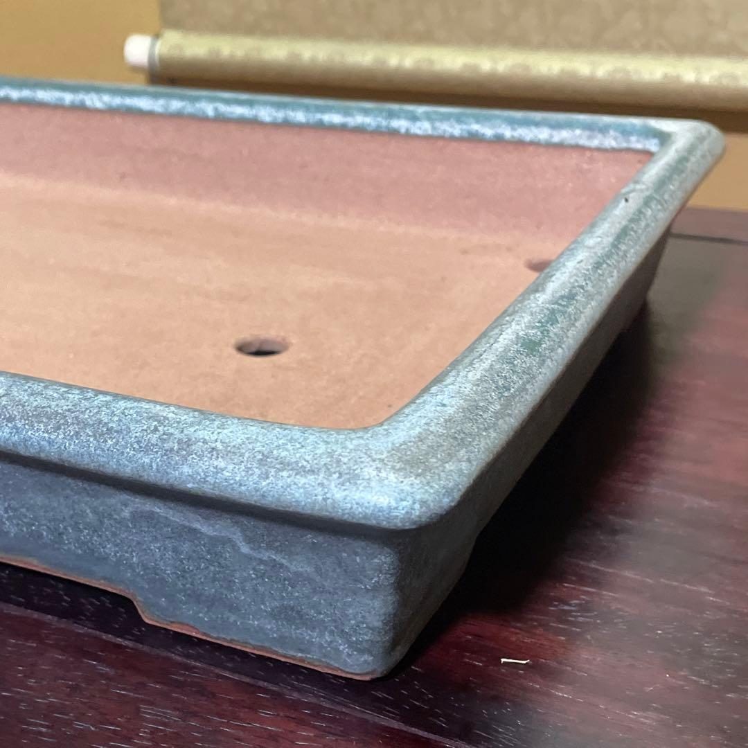 【落款あり】中国宜興 長方外縁浅 釉薬オリベ 盆栽鉢 寄せ植え