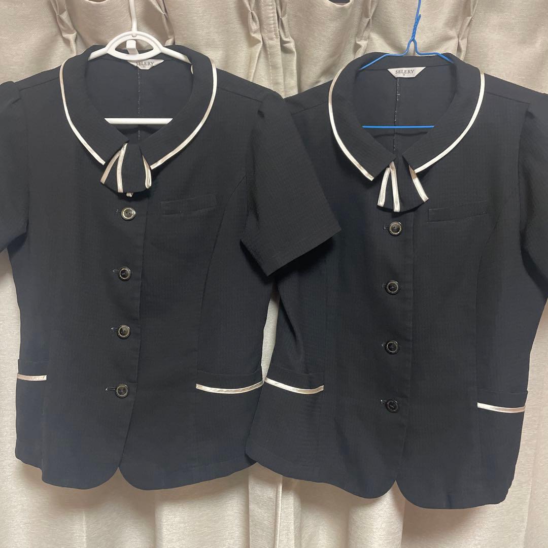 セロリー　事務服　半袖　ブラウス　オーバーブラウス　黒　リボン　11号２枚セット