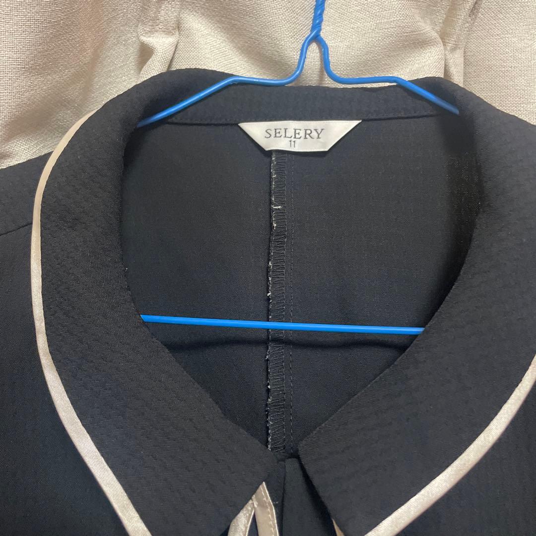 セロリー　事務服　半袖　ブラウス　オーバーブラウス　黒　リボン　11号２枚セット