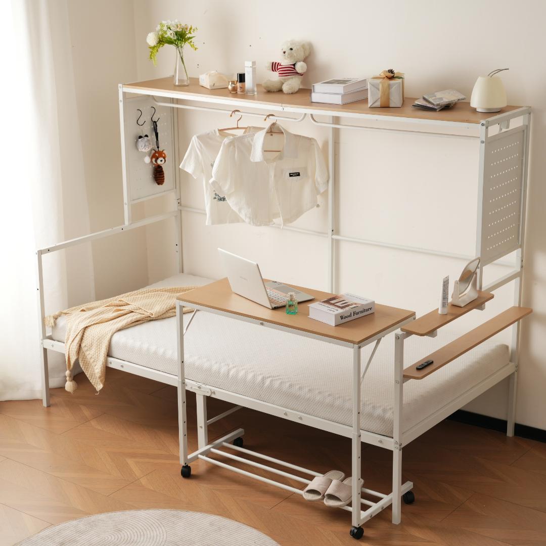 ホワイトシステムベットロフトベッド シングル スチールネット付き移動型デスク付き