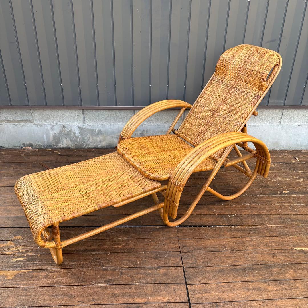 昭和レトロ ラタンリクライニングチェア オットマン付き 1人掛けソファー籐家具