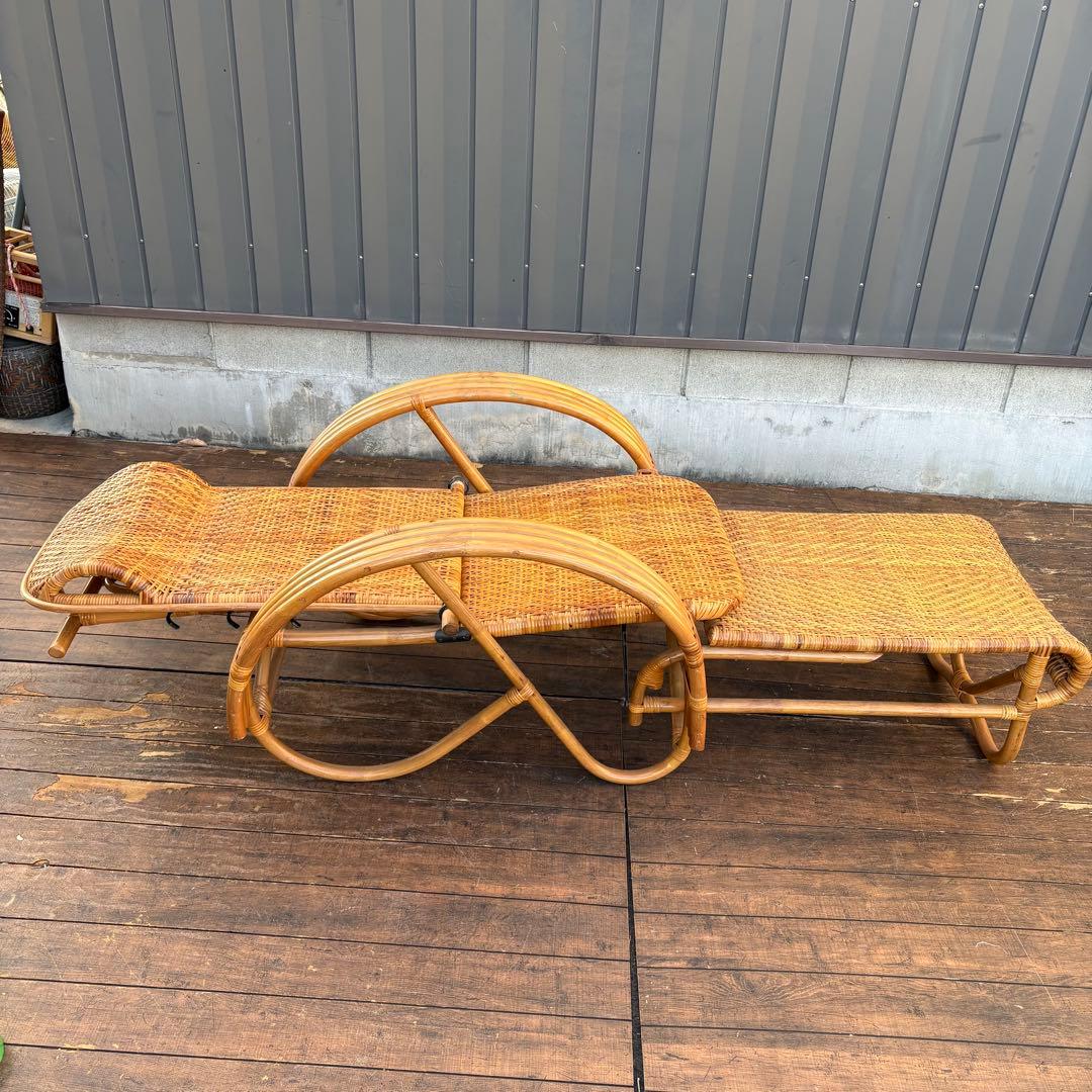 昭和レトロ ラタンリクライニングチェア オットマン付き 1人掛けソファー籐家具