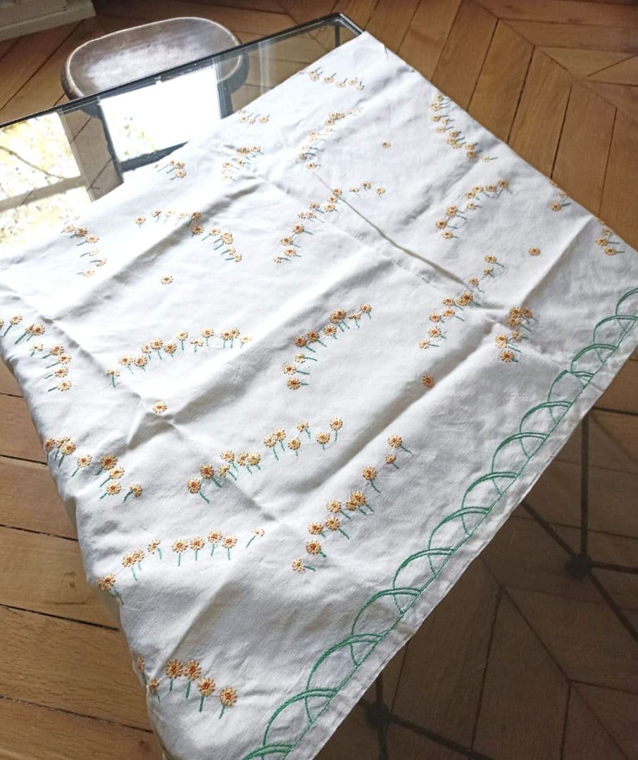 フランス 大判 テーブルクロス リネン 刺繍 花 麻 ベージュ ヴィンテージ