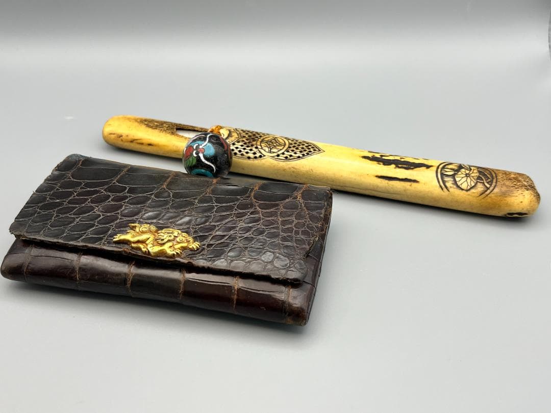 江戸明治時代　獅子図金具　骨製キセル入れ　大玉龍図根〆　銀製キセル　重量170g