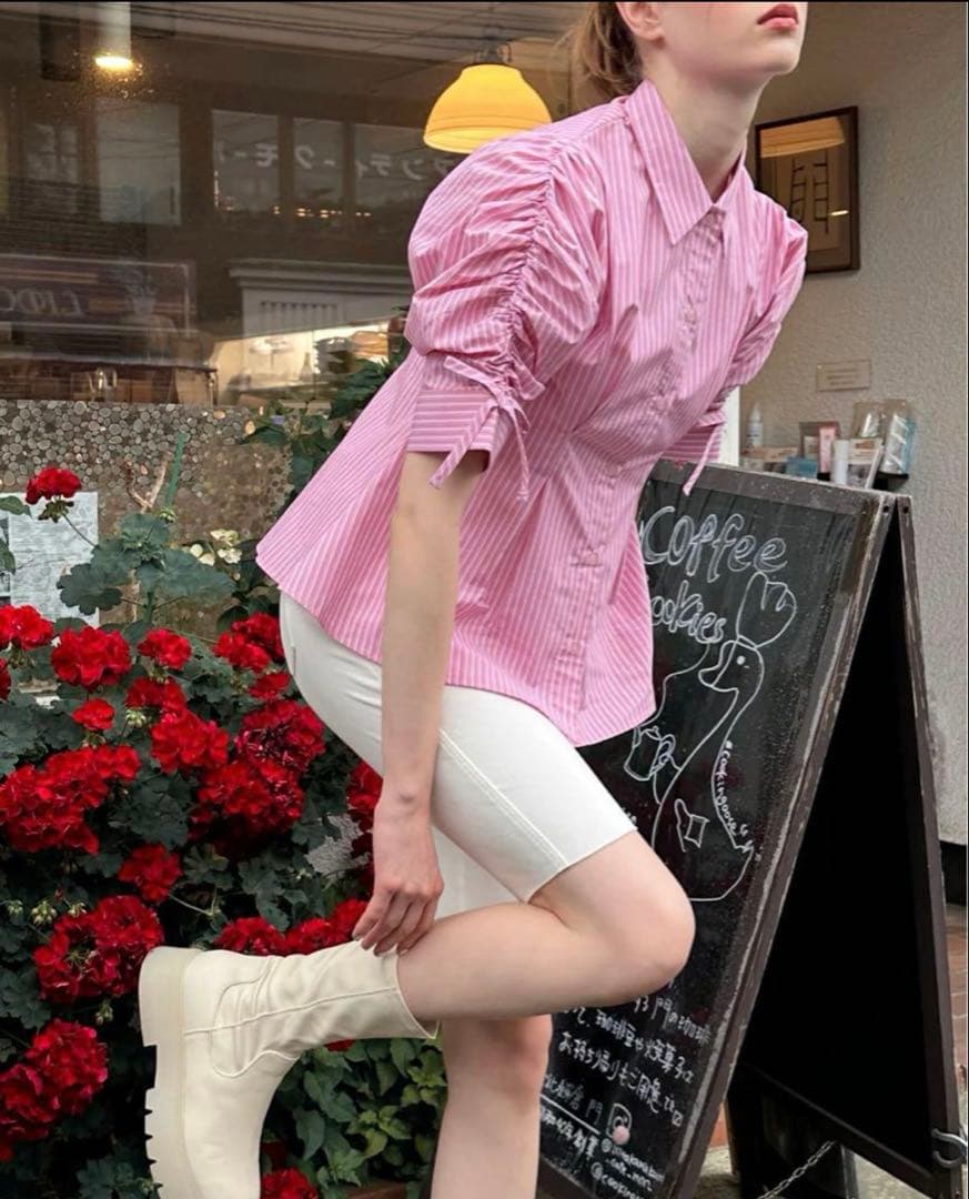 トップス poppy CANDY PUFF STRIPE SHIRT (PINK)