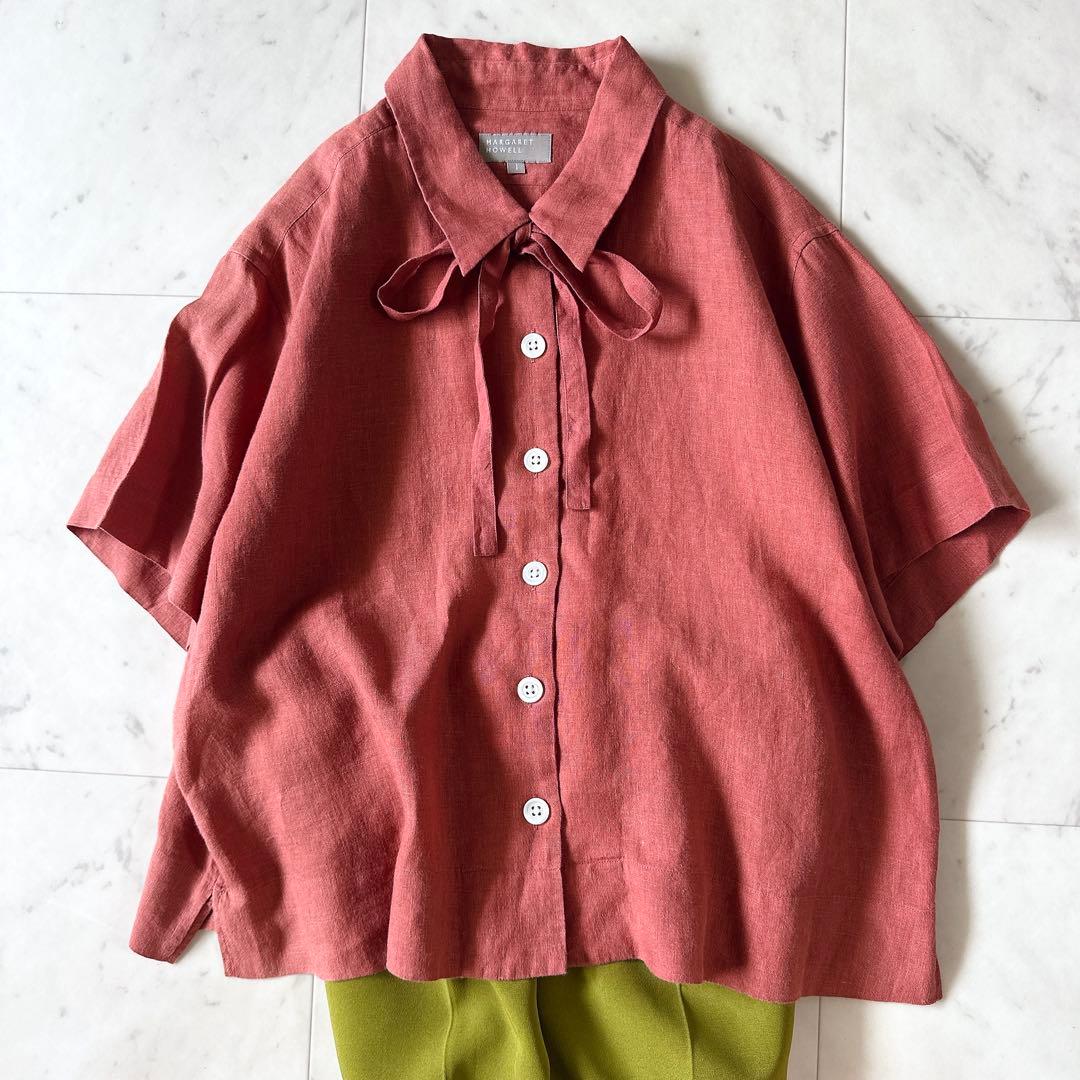 美品♪マーガレットハウエル SOFTLINEN リネン ボウタイブラウス 麻