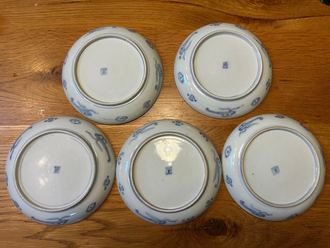 桃小菊杜若赤絵金彩中皿　5枚セット　アンティーク　角冨　伊万里焼