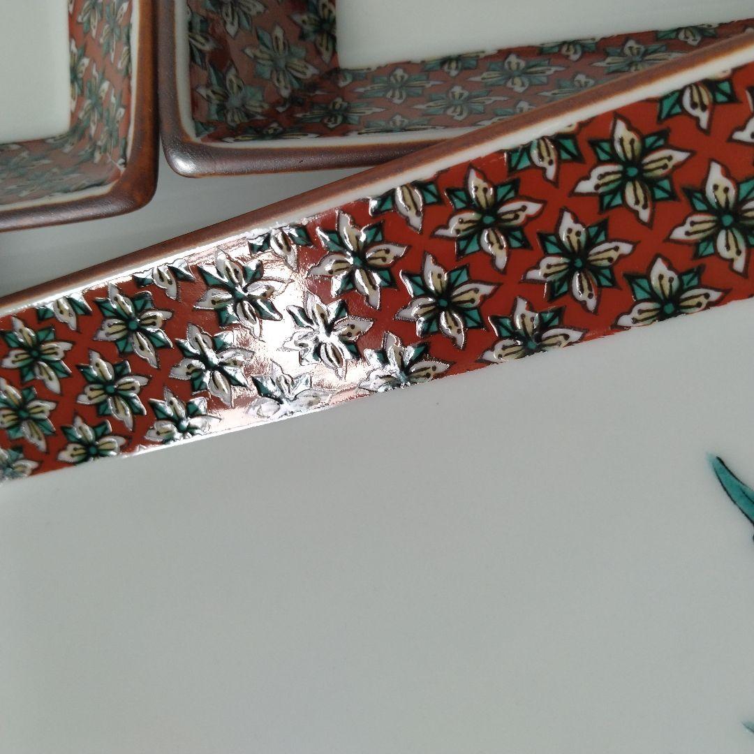 古九谷 九谷焼 九谷秋月 秋月 草花 絵替わり 角皿 正方皿 大皿 5客揃