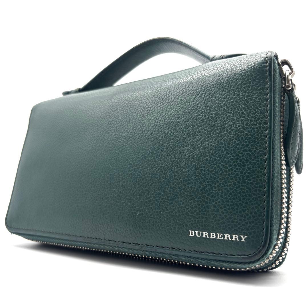 正規品 バーバリー 長財布 オーガナイザー セカンドバッグ レザー グリーン