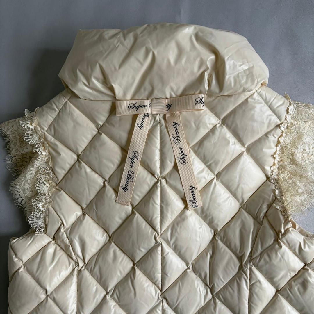 【スーパービューティー】ジレ　キルティング　ダウン　ボア　レース　白系　42