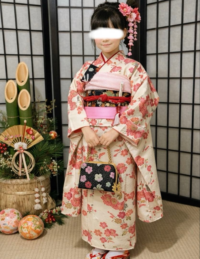 七五三　着物セット　7歳　正絹　パールホワイト　白色