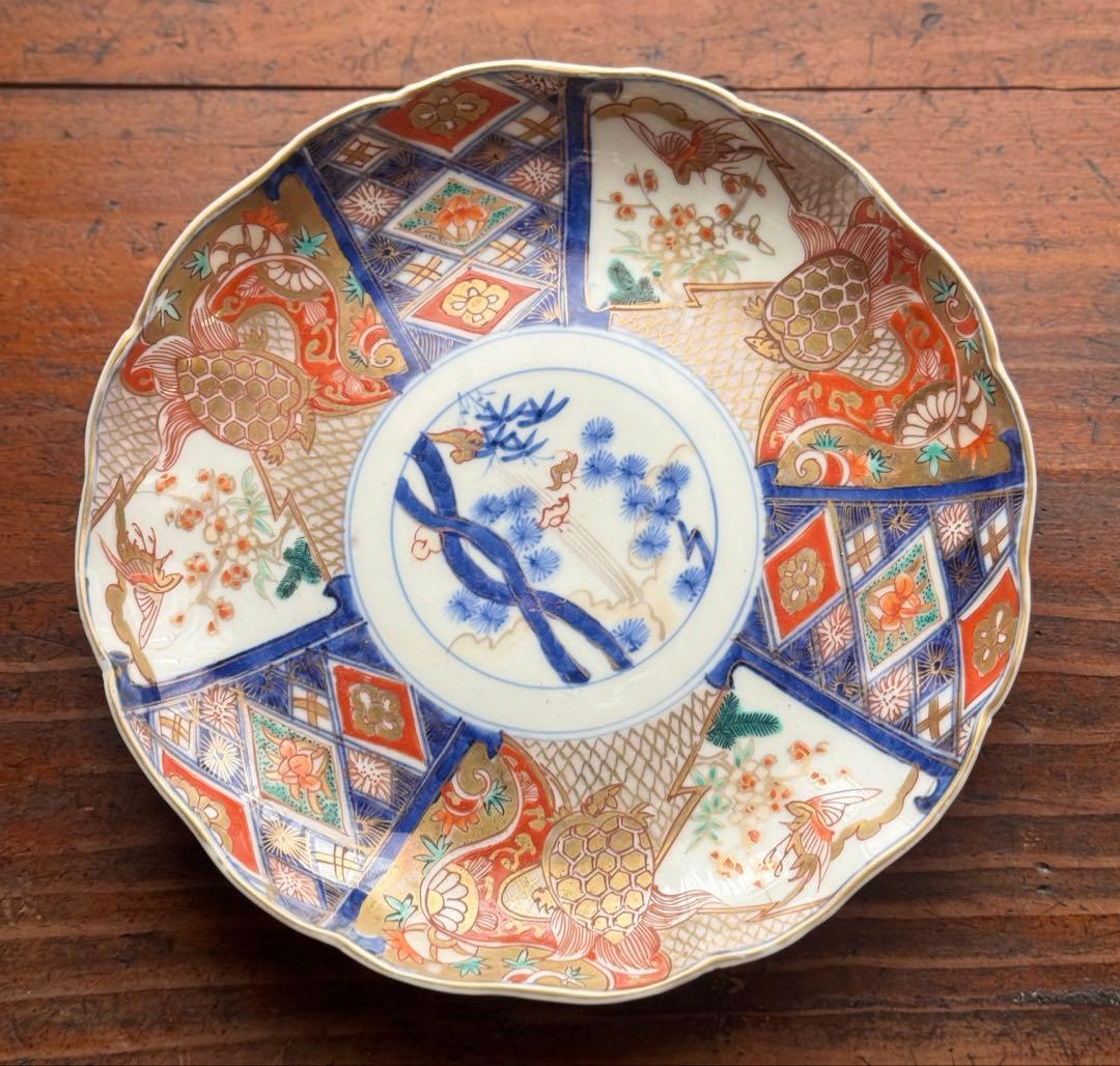 ご確認用　骨董皿　金蘭手染錦　鶴亀松竹梅文　金彩色絵皿　二枚