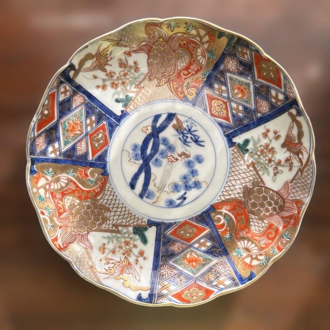 ご確認用　骨董皿　金蘭手染錦　鶴亀松竹梅文　金彩色絵皿　二枚