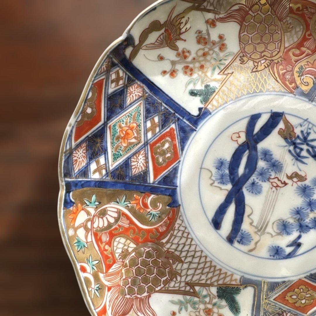 ご確認用　骨董皿　金蘭手染錦　鶴亀松竹梅文　金彩色絵皿　二枚