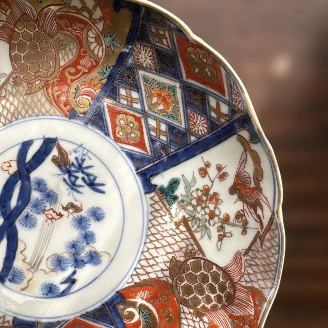 ご確認用　骨董皿　金蘭手染錦　鶴亀松竹梅文　金彩色絵皿　二枚