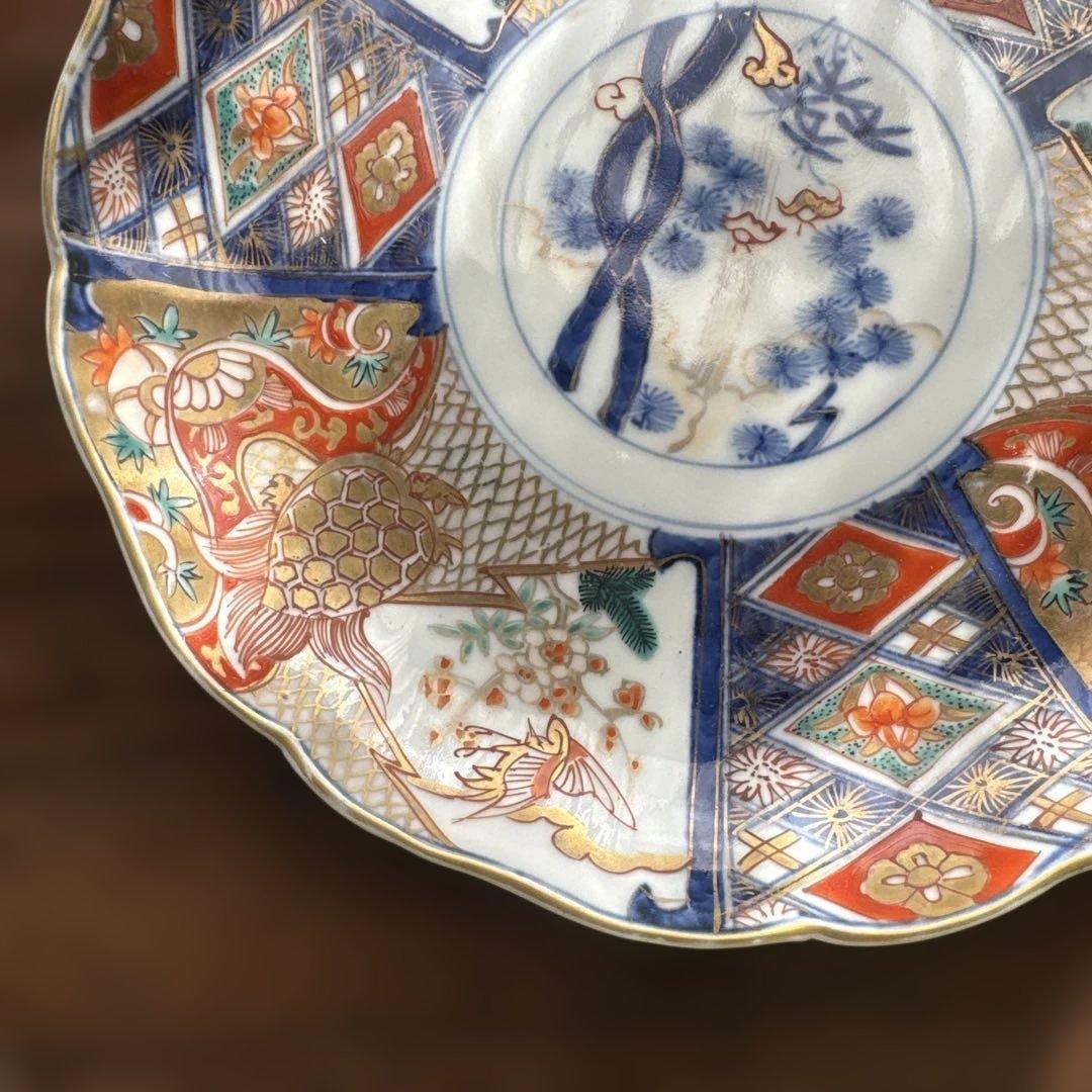 ご確認用　骨董皿　金蘭手染錦　鶴亀松竹梅文　金彩色絵皿　二枚