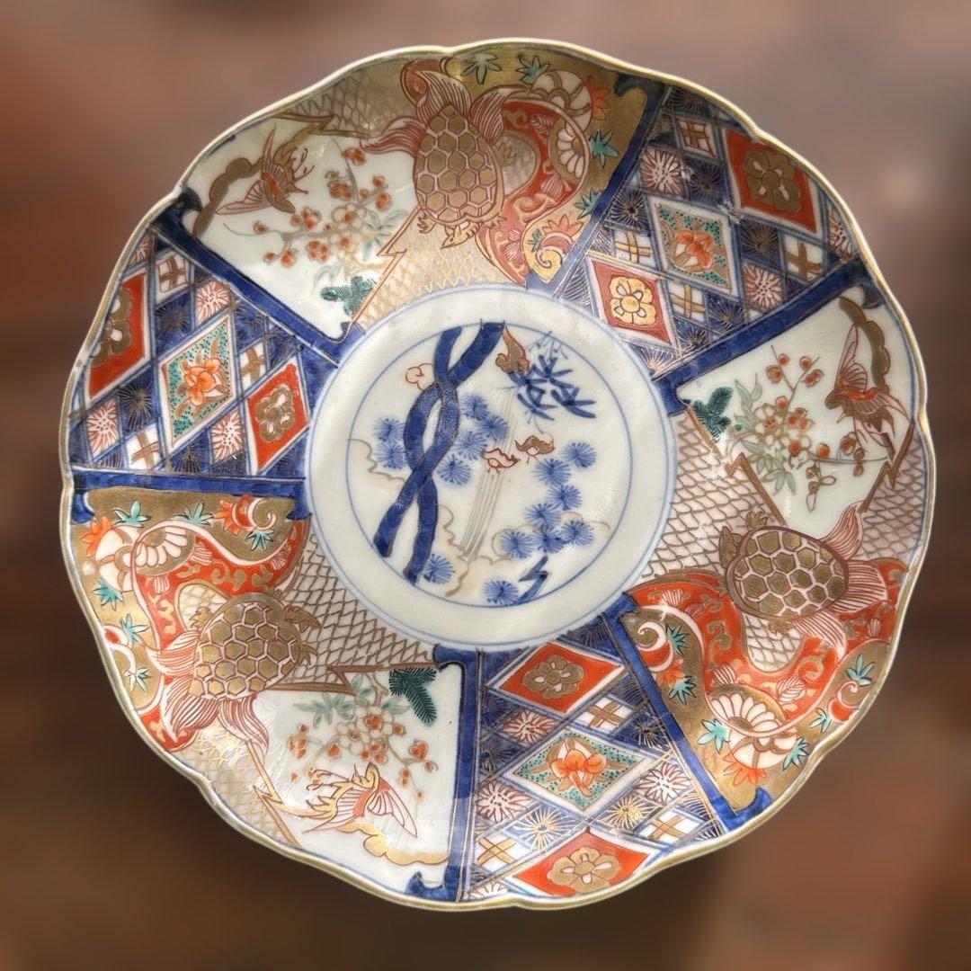 ご確認用　骨董皿　金蘭手染錦　鶴亀松竹梅文　金彩色絵皿　二枚