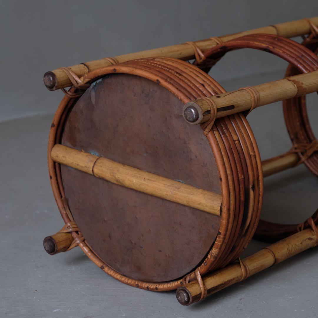 竹とラタンの円柱型傘立て　アンブレラスタンド 古家具 古道具 昭和レトロ