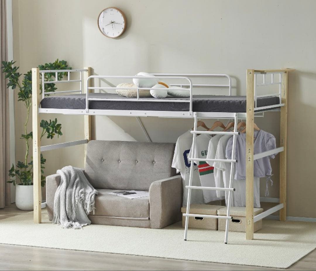 新品　ロフトベッド　階段付き　パイプベッド　シングル　システムベッド　木目