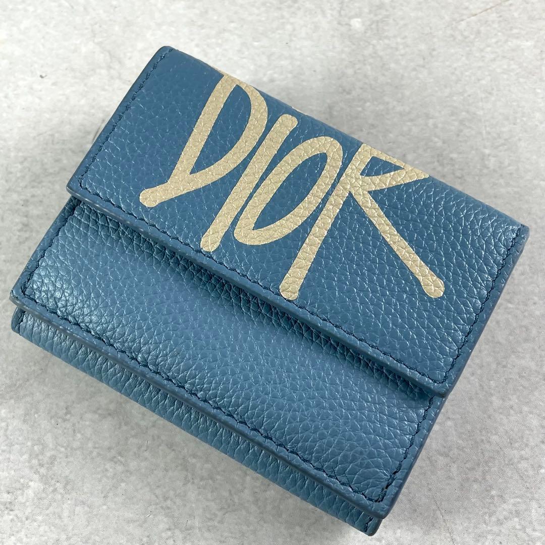 極美品✨ ディオール×ステューシー コラボ 折財布 レザー 小銭入れ ブルー