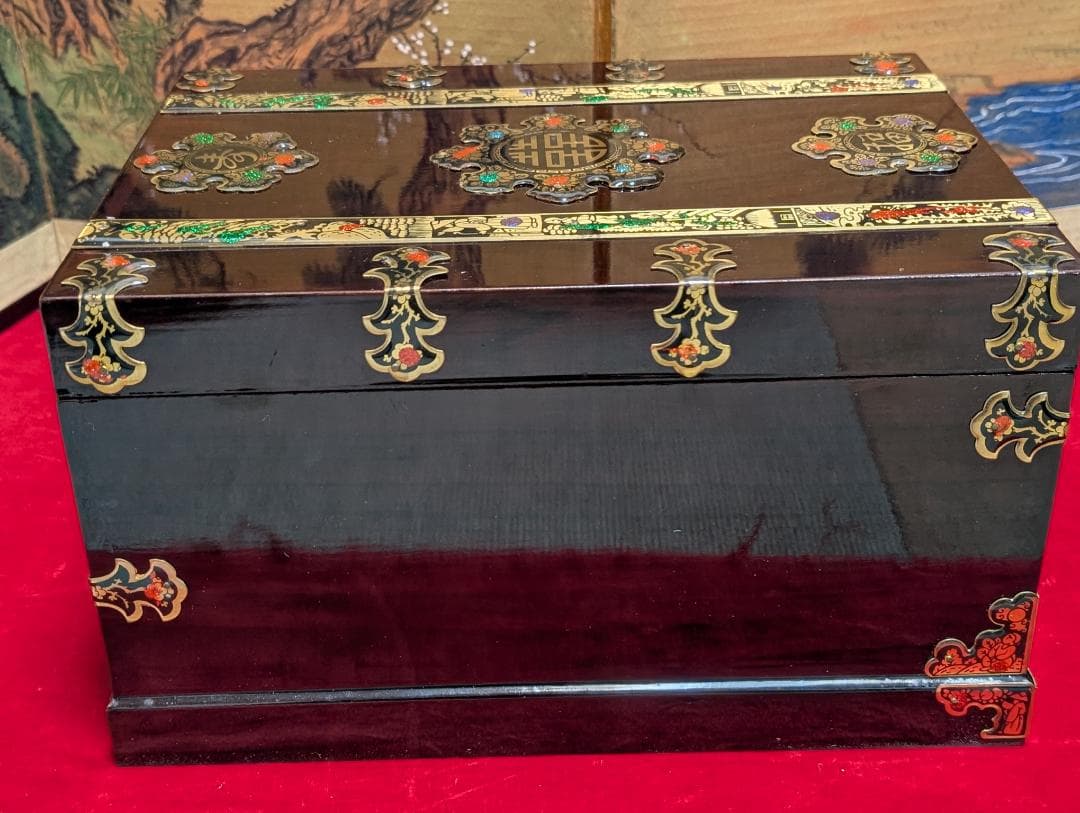 漆　小物入れ　宝石箱　ジュエリーボックス　鏡付　アンティーク　アジアン