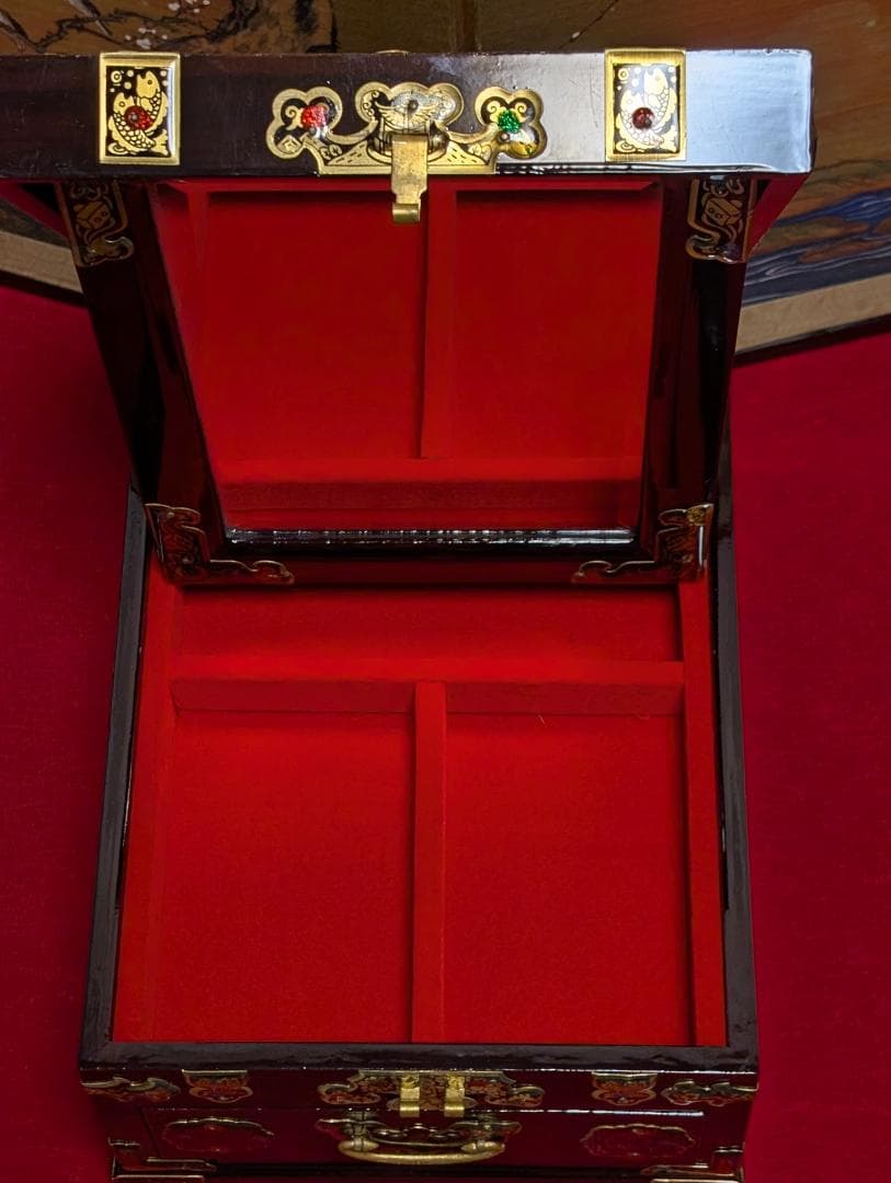 漆　小物入れ　宝石箱　ジュエリーボックス　鏡付　アンティーク　アジアン