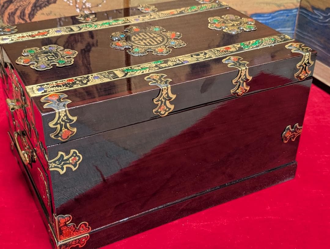 漆　小物入れ　宝石箱　ジュエリーボックス　鏡付　アンティーク　アジアン