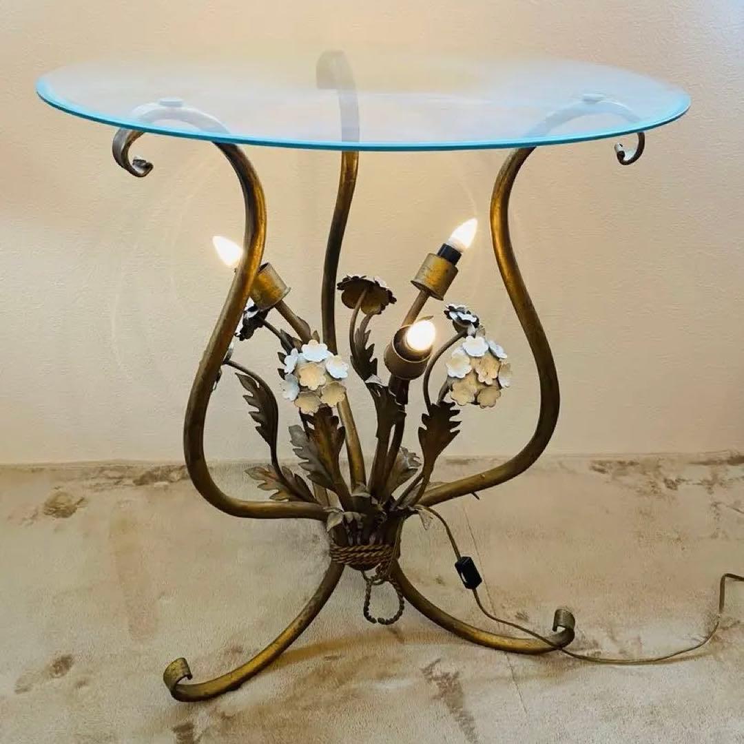 ヴィンテージフラワーモチーフライト付サイドテーブル