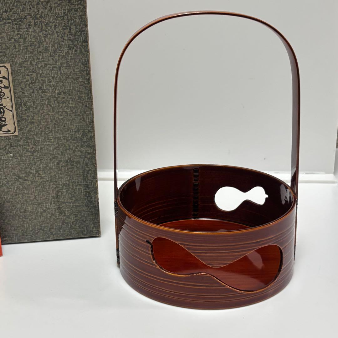 飛騨春慶塗　莨盆 瓢透し手付　春次　箱入　茶道具　漆器