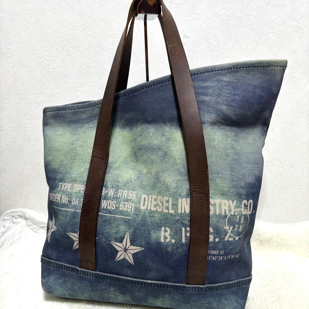 希少 DIESEL トートバッグ 変形 レザー デニム A4OK 青