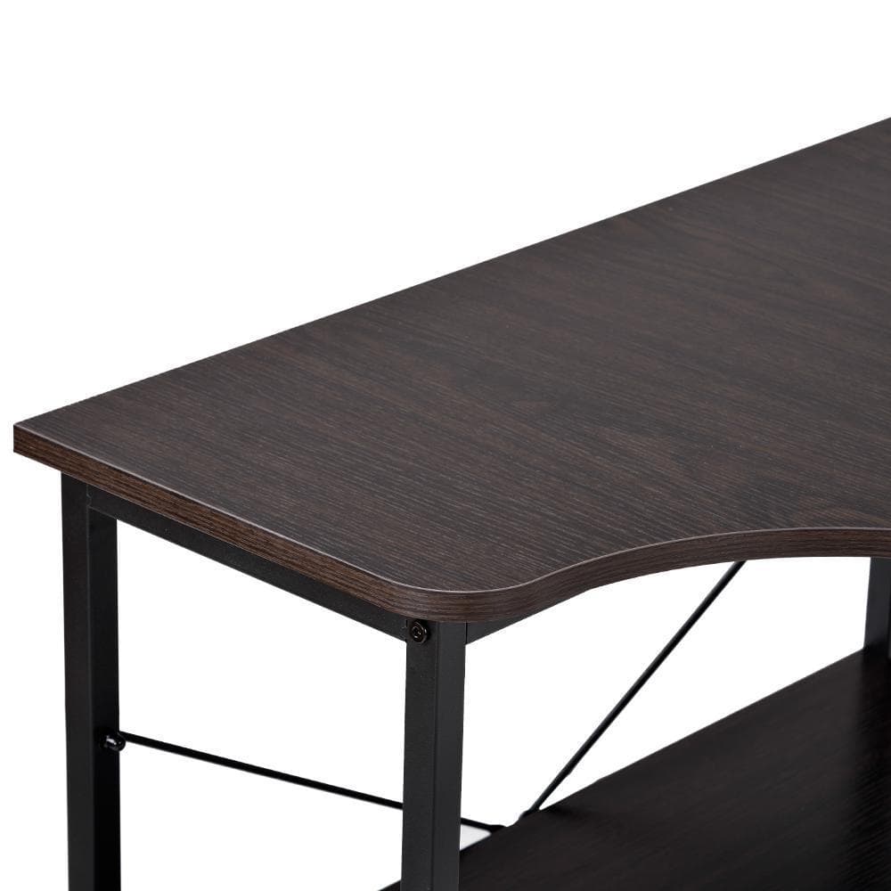 ダークブラウン パソコンデスクL字120cm2段ラック付デスク木製ミシン台書斎机