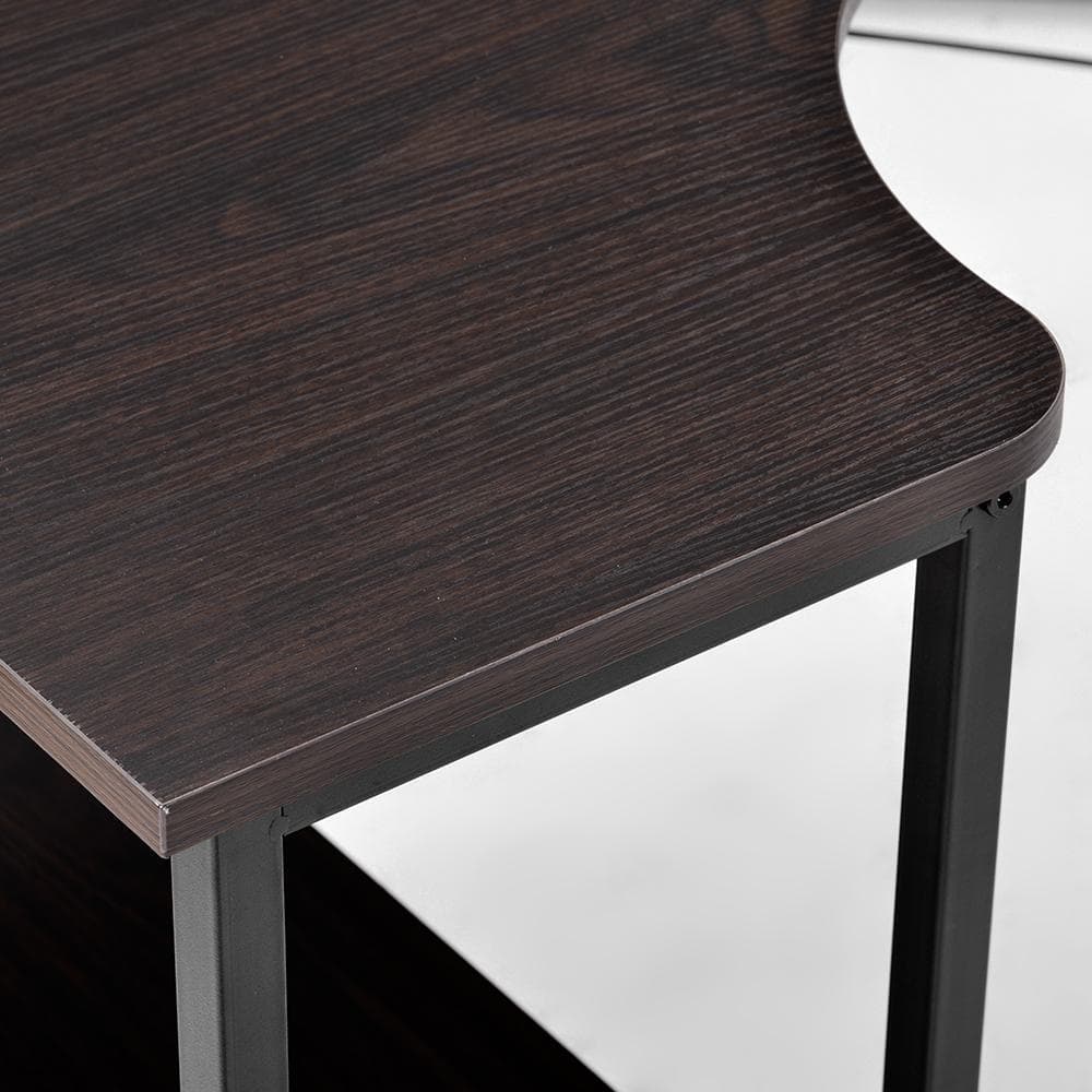 ダークブラウン パソコンデスクL字120cm2段ラック付デスク木製ミシン台書斎机