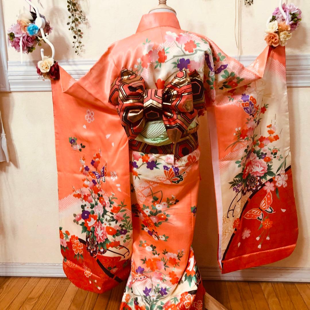 七五三 七歳‼️豪華正絹オレンジ系‼️蝶々花桜菊金彩煌びやか‼️安心フルセット