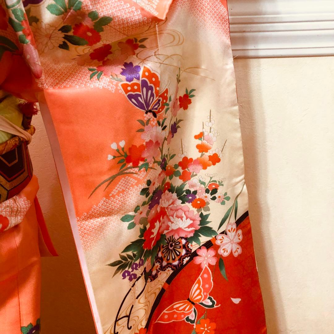 七五三 七歳‼️豪華正絹オレンジ系‼️蝶々花桜菊金彩煌びやか‼️安心フルセット