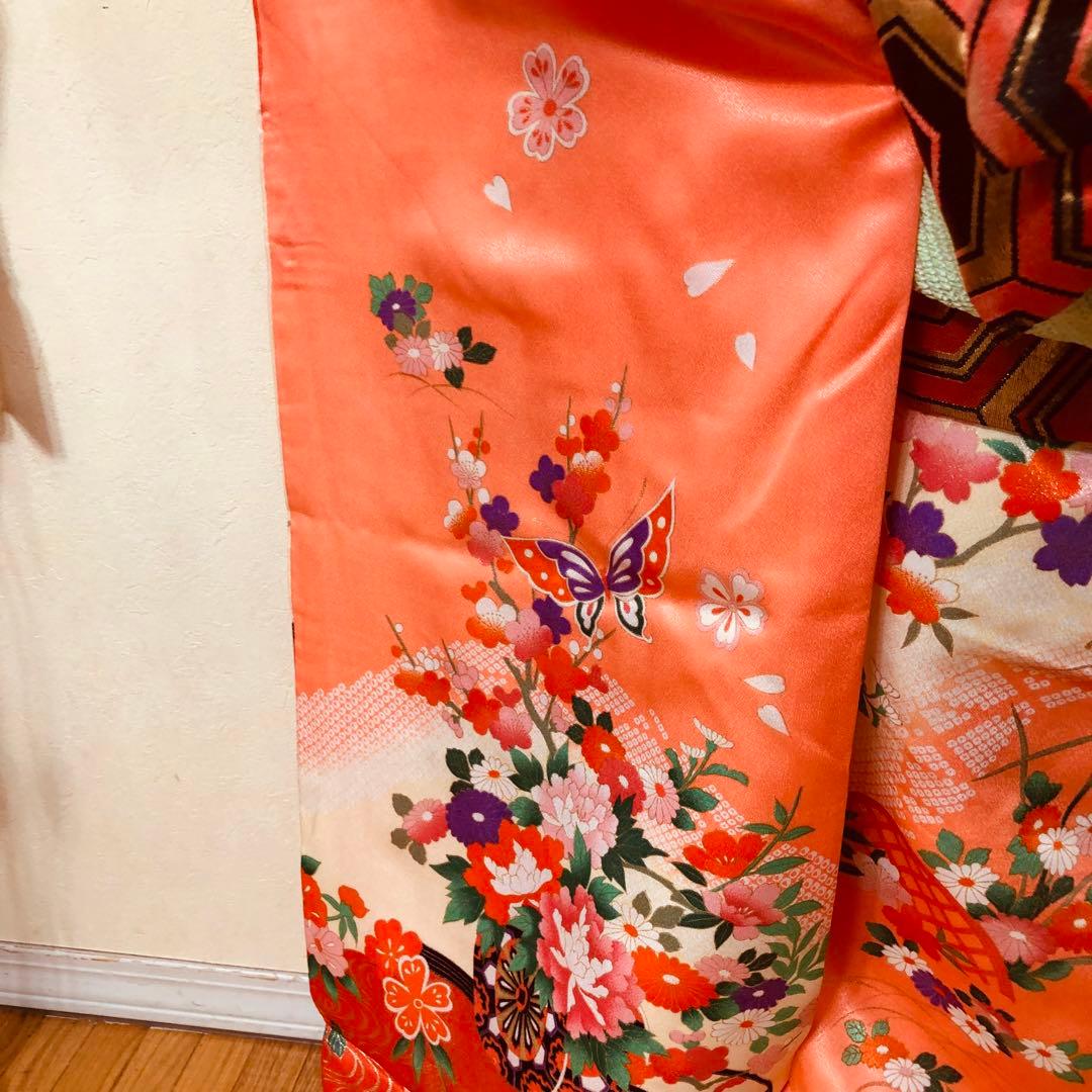 七五三 七歳‼️豪華正絹オレンジ系‼️蝶々花桜菊金彩煌びやか‼️安心フルセット
