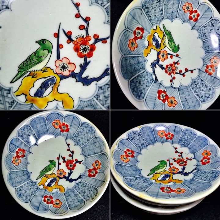 有田焼　5代　佐藤走波　染錦　梅鳥文　5寸皿　5枚セット