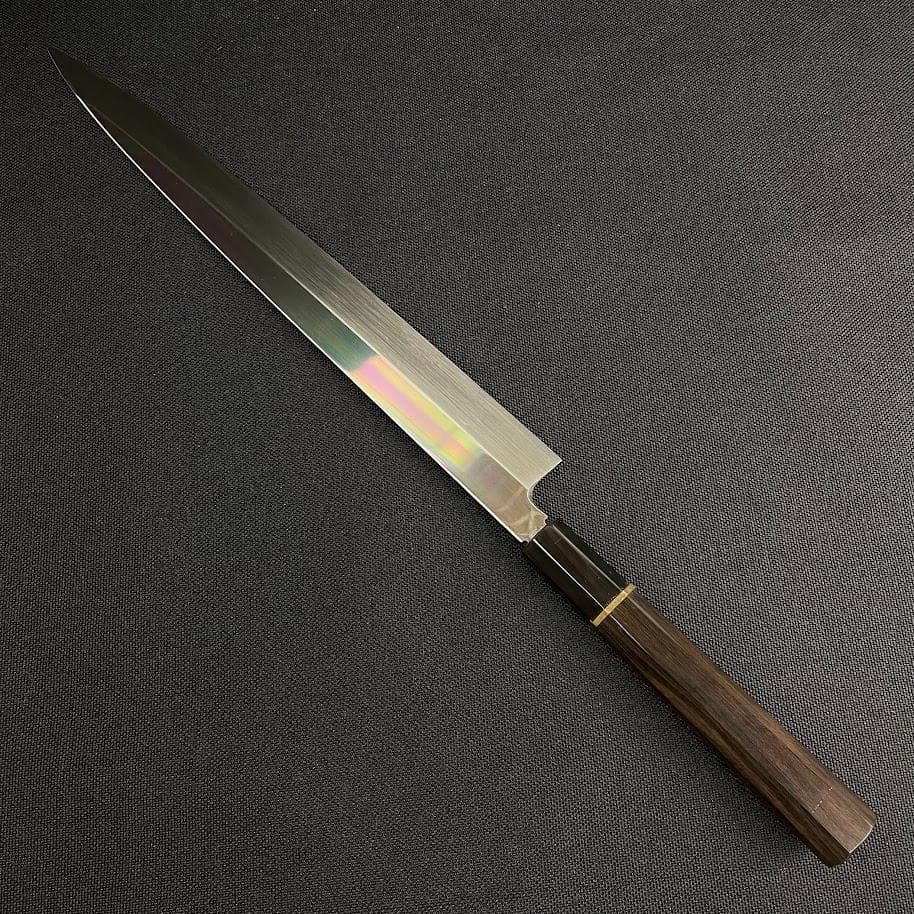 ほぼ未使用●丸越産業● 柳刃包丁 刺身包丁 本焼き 合金鋼 黒檀柄 白木鞘