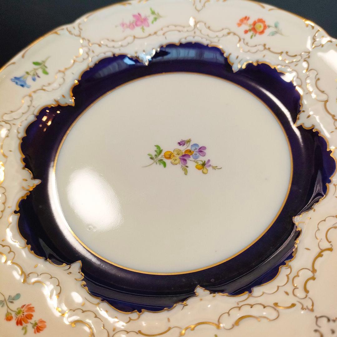 マイセン Bフォーム スキャタードフラワー コバルト 金彩 プレート 皿 1級品