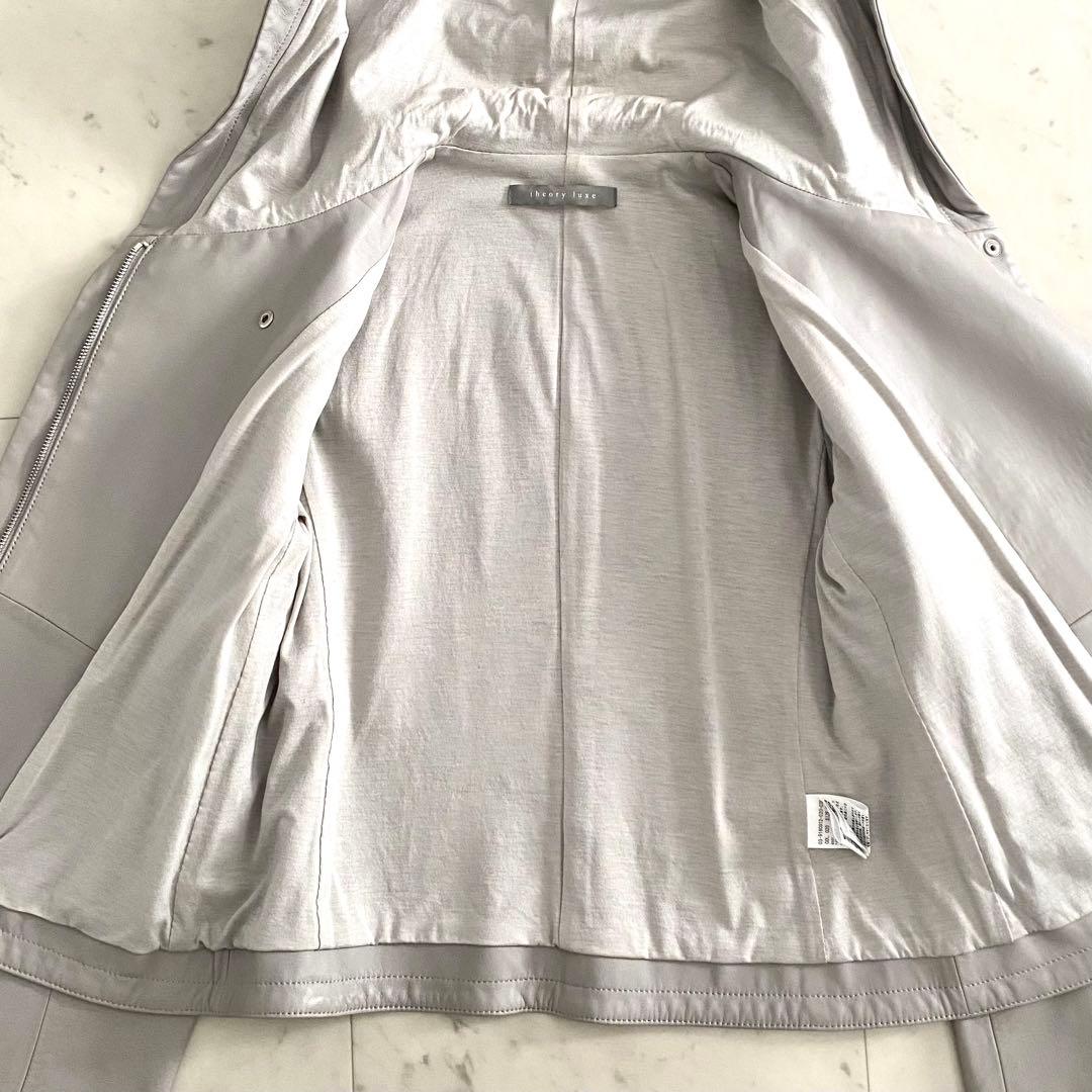 美品 セオリーリュクス 本革ラムレザー フーディーブルゾン グレージュ 38
