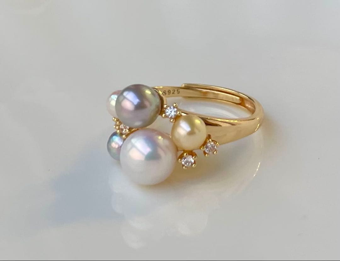 あこや真珠 ミラー調本真珠 s925リング 指輪 マルチカラー 一点物 白の序章