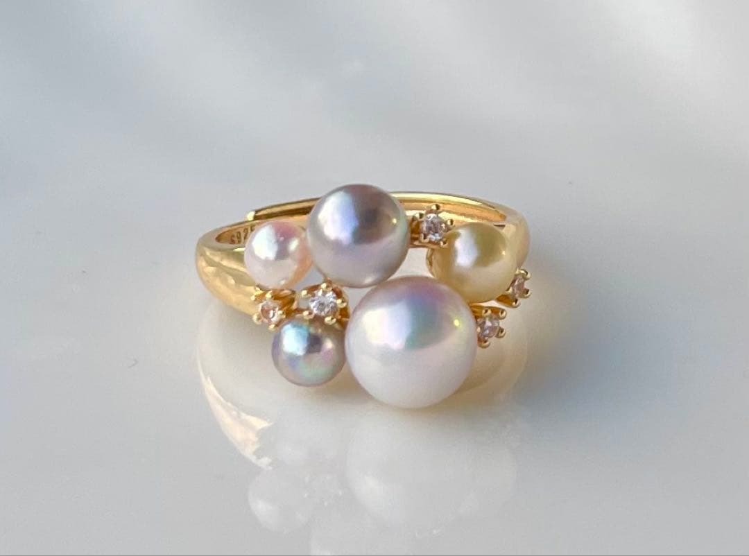 あこや真珠 ミラー調本真珠 s925リング 指輪 マルチカラー 一点物 白の序章