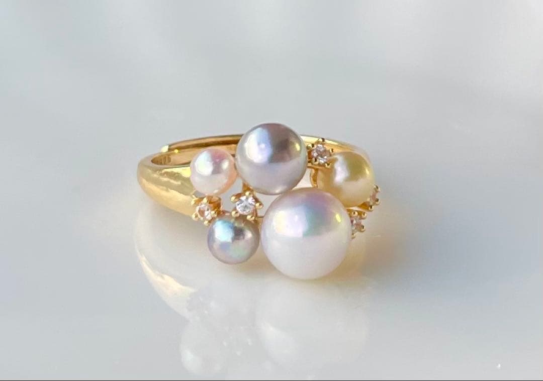 あこや真珠 ミラー調本真珠 s925リング 指輪 マルチカラー 一点物 白の序章