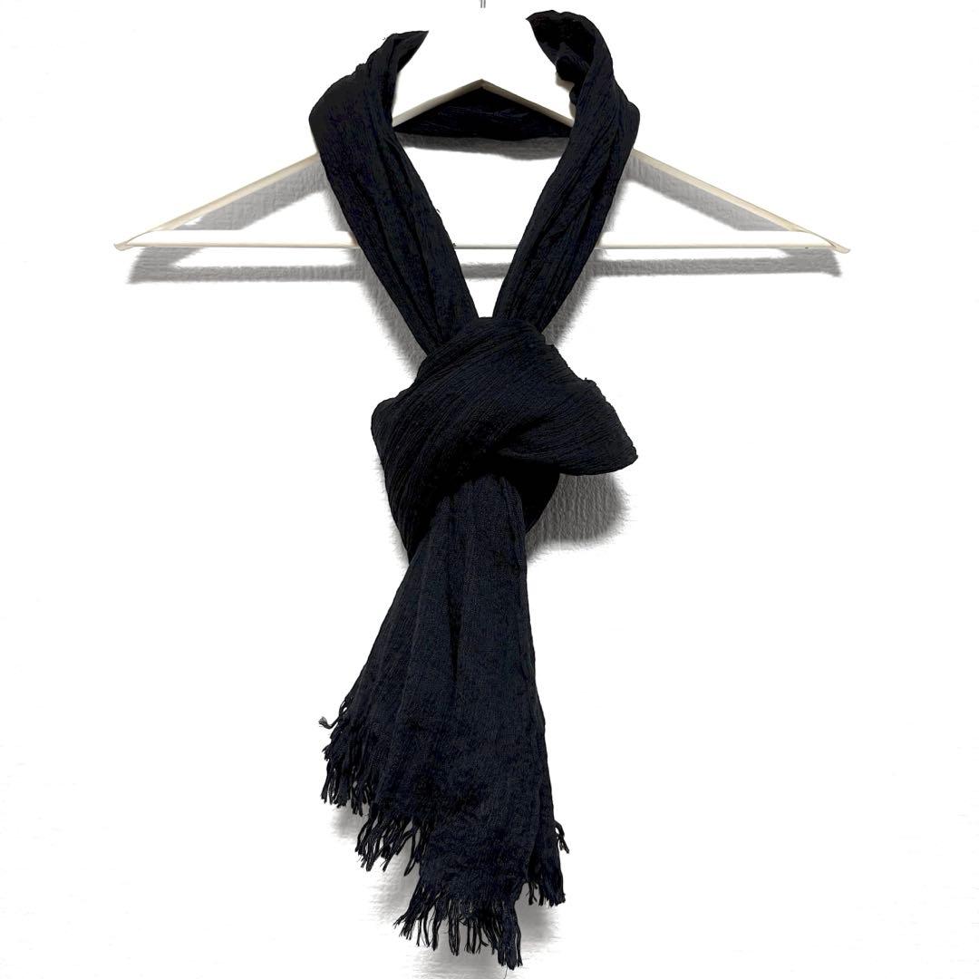 イッセイミヤケ/ホワイトレーベル/シルク/フリンジマフラー/黒/絹