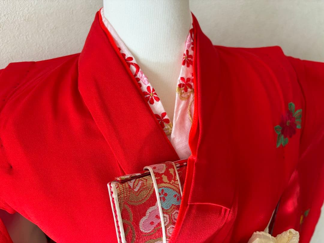 7歳 七五三 着物 帯 長襦袢 帯揚げ しごき はこせこ 半襟 セット 赤 刺繍