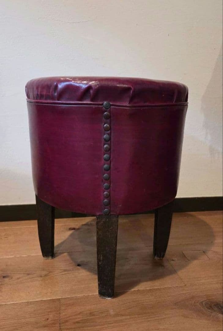 ☆アンティーク/レザー製バーガンディ円形スツール☆