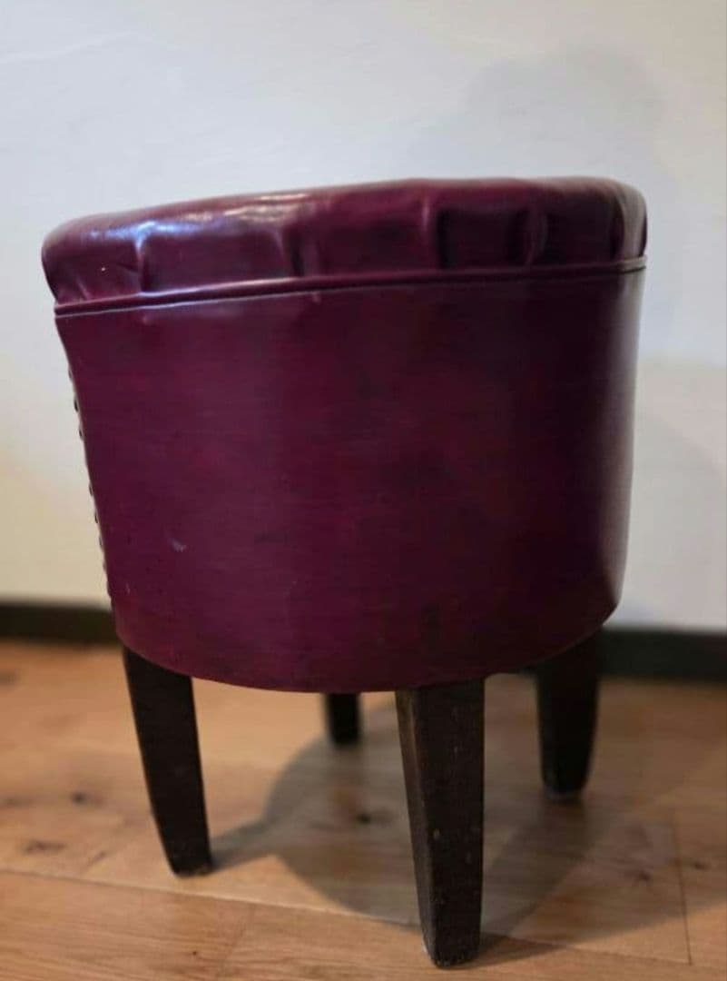 ☆アンティーク/レザー製バーガンディ円形スツール☆