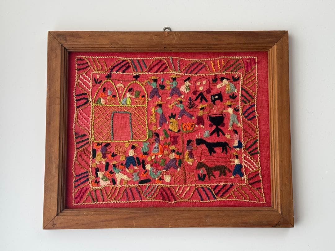 ヴィンテージ 刺繍 アート 額 飾り布 中南米 南米 メキシコ フォークアート