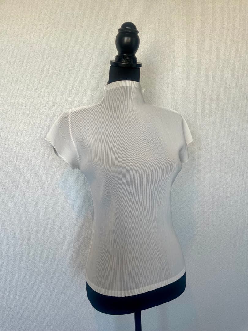 プリーツプリーズ　ハイネック 半袖シャツ ホワイト