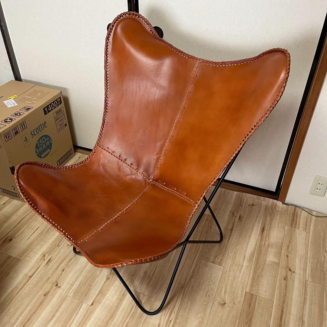レザーバタフライチェア WRAPS/ラップスアイアン キャメル 組立済