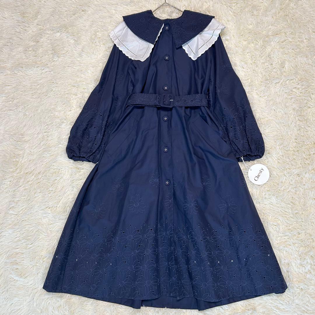 【新品タグ付】chestyビッグカラー刺繍コート ネイビー サイズ1
